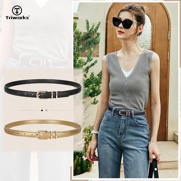 2 Pack Women\'s Skinny Leather Belts Black Gold Thin Faux with Gold Buckle